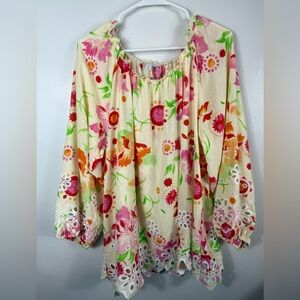 Cato Womens Boho Eyelet‎ Floral 100% Cotton Blouse Yellow Multicolored Size XL